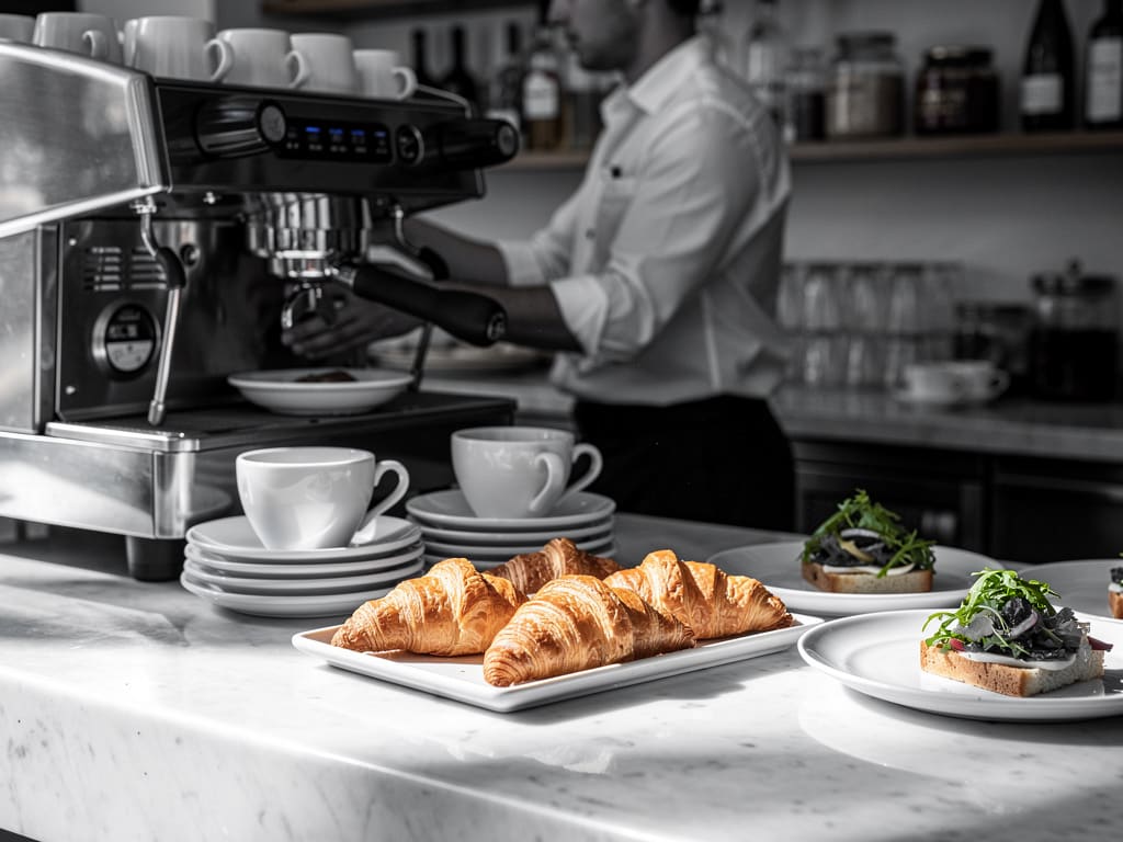 Banco colazioni con macchina per espresso, brioche e piatti leggeri