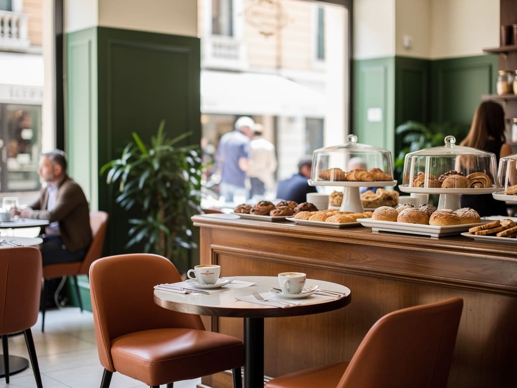 Interno di caffetteria con tavoli, tazze di espresso e banco con brioche