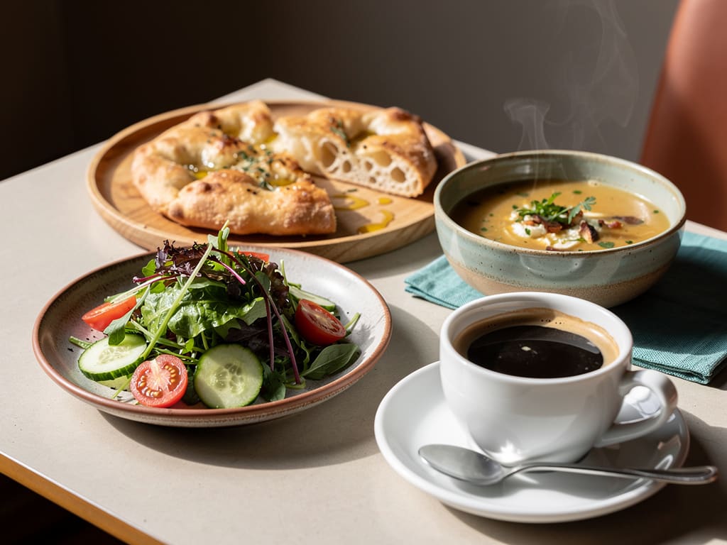 Tavolo con espresso, insalata, focaccia e zuppa in caffetteria