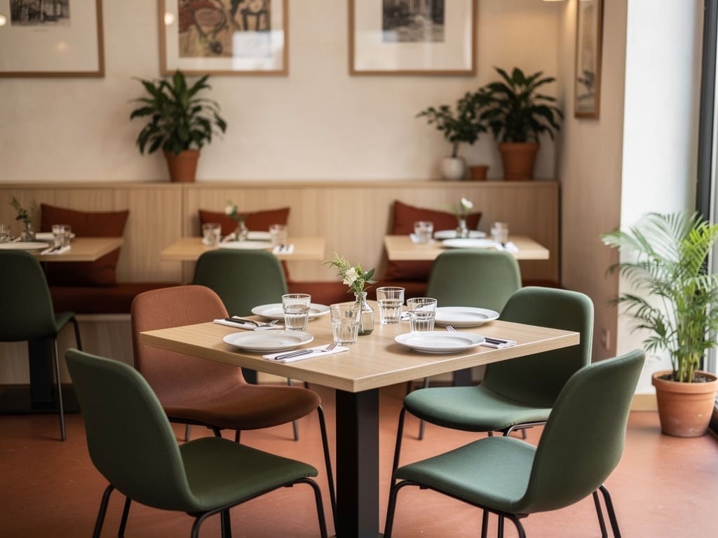 Sala di piccola caffetteria con tavoli apparecchiati e luce naturale